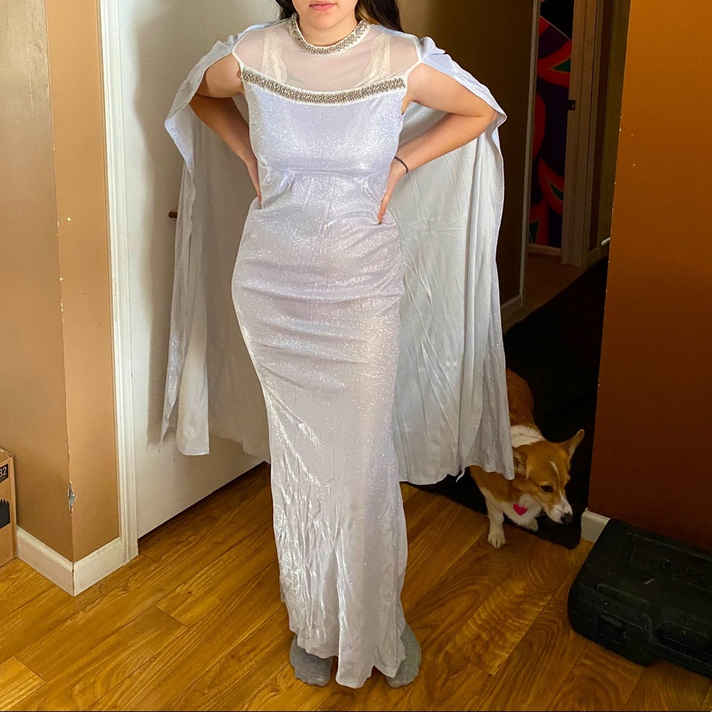 Formal silver dress with cape